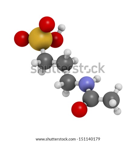 Acamprosate alcoholism treatment drug, chemical structure. Atoms are represented as spheres with conventional color coding: hydrogen (white), carbon (grey), nitrogen (blue), oxygen (red), etc