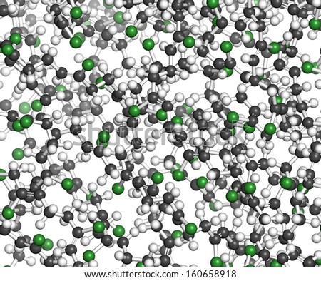 Neoprene (polychloroprene) synthetic rubber, chemical structure - detail. Atoms are represented as spheres with conventional color coding: hydrogen (white), carbon (grey), chlorine (green)