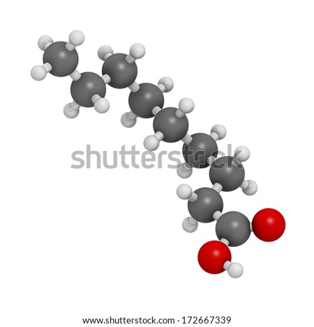 Nonanoic acid (pelargonic acid) molecule. Ammonium salt used as broad-spectrum herbicide. Atoms are represented as spheres with conventional color coding: hydrogen (white), carbon (grey), oxygen (red)