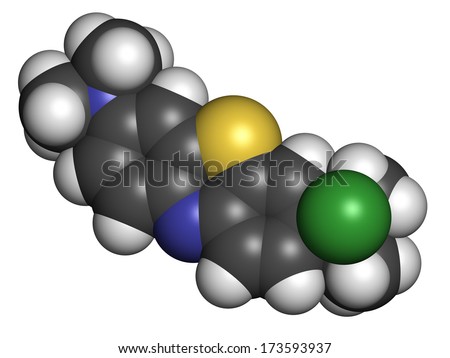 Methylene blue (methylthionium chloride) dye molecule. Atoms represented as spheres with conventional color coding: hydrogen (white), carbon (grey), nitrogen (blue), sulfur (yellow), chlorine (green).