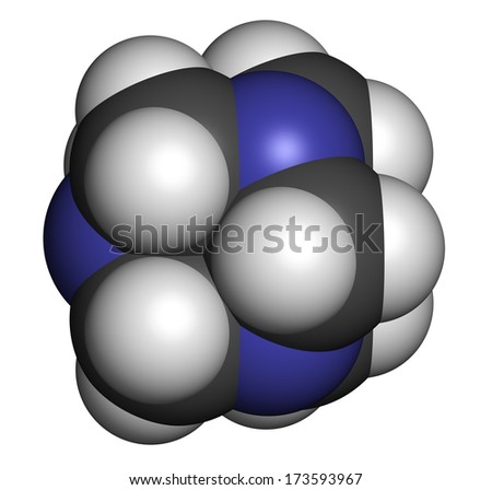 Hexamethylenetetramine (methenamine) molecule. Medically used to treat urinary tract infection. Used as food preservative (E239). Atoms are represented as spheres with conventional color coding.