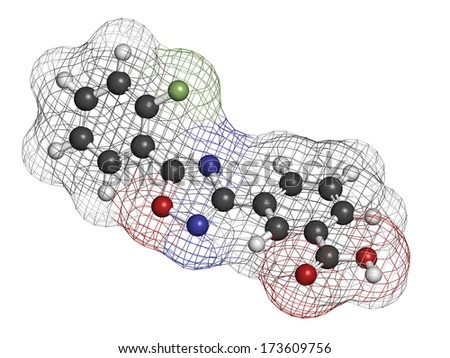 Ataluren genetic disorder drug. Investigated in treatment of cystic fibrosis and Duchenne muscular dystrophy. Thought to work by making ribosomes skip stop codons. Atoms are represented as spheres.