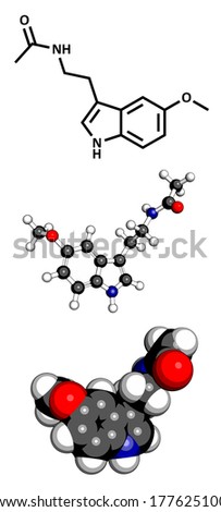 Melatonin hormone molecule. Plays role in regulating the daily biological cycle (circadian rythm). Three representations: 2D skeletal formula, 3D ball-and-stick model, 3D space-filling model.