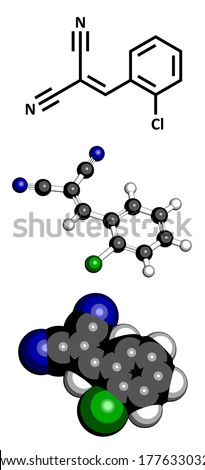 CS tear gas molecule (2-chlorobenzalmalononitrile). Three representations: 2D skeletal formula, 3D ball-and-stick model, 3D space-filling model.
