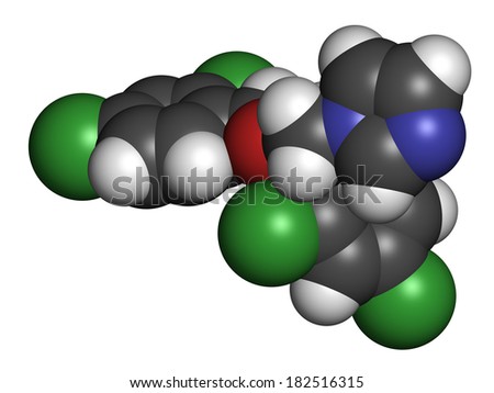Miconazole antifungal drug molecule. Imidazole class antimycotic, used in treatment of athlete\'s foot, ringworm, yeast infections, etc. Atoms are represented as spheres with conventional color coding.