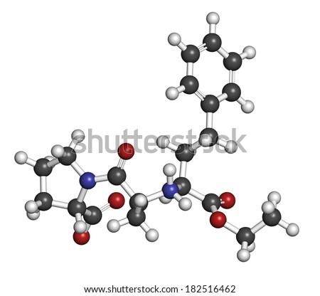 Enalapril high blood pressure drug molecule. Angiotensin Converting Enzyme (ACE) inhibitor used in treatment of hypertension. Atoms are represented as spheres with conventional color coding.