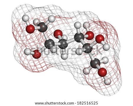 Mannitol (mannite, manna sugar) molecule. Used as sweetener, drug, etc. Atoms are represented as spheres with conventional color coding: hydrogen (white), carbon (grey), oxygen (red).