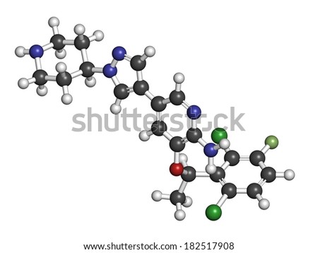 Crizotinib anti-cancer drug molecule. Inhibitor of ALK and ROS1 proteins. Atoms are represented as spheres with conventional color coding: hydrogen (white), carbon (grey), oxygen (red), etc