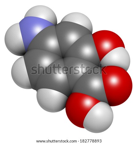 Para-aminosalicylic acid drug molecule. Used in treatment of tuberculosis and inflammatory bowel disease (ulcerative colitis, Crohn's disease). Atoms are represented as spheres with conventional color