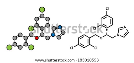 Miconazole antifungal drug molecule. Imidazole class antimycotic, used in treatment of athlete\'s foot, ringworm, yeast infections, etc. Stylized 2D rendering and conventional skeletal formula.
