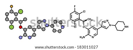 Crizotinib anti-cancer drug molecule. Inhibitor of ALK and ROS1 proteins. Stylized 2D rendering and conventional skeletal formula.