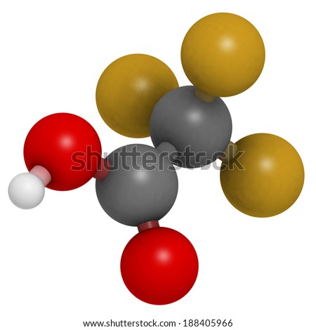 Trifluoroacetic acid (TFA) molecule, chemical structure. Highly corrosive liquid acid that is often used as a solvent or reagent in chemistry. Atoms are represented as spheres with conventional color.