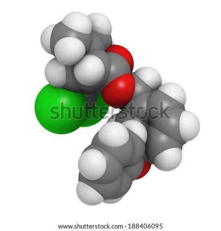 Permethrin insecticide molecule. Widely used insecticide, acaricide and insect repellent. Atoms are represented as spheres with conventional color coding: hydrogen (white), carbon (grey), etc