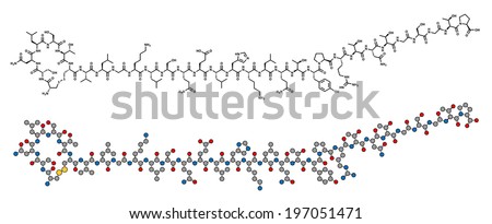 Salmon calcitonin peptide hormone drug, chemical structure. Used in treatment of postmenopausal osteoporosis and other diseases. Conventional skeletal formula and stylized representation.