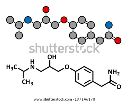 Atenolol hypertension or high blood pressure drug (beta blocker), chemical structure. Conventional skeletal formula and stylized representation, showing atoms (except hydrogen) as color coded circles.