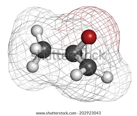 Propylene oxide molecule. Used as fumigant in pasteurization of almonds and pistachio nuts. Atoms are represented as spheres with conventional color coding: hydrogen (white), carbon (grey), etc