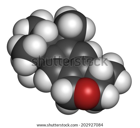 Galaxolide (HHCB) synthetic musk molecule. Used in production of perfumes, soaps, cosmetics, detergents, etc. Atoms are represented as spheres with conventional color coding: hydrogen (white), etc