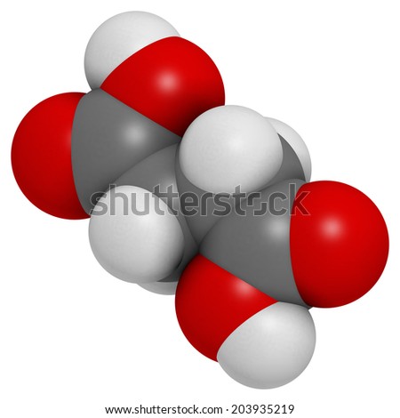Succinic acid (butanedioic acid, spirit of amber) molecule. Intermediate of citric acid cycle. Salts and esters known as succinates. Atoms are represented as spheres with conventional color coding.