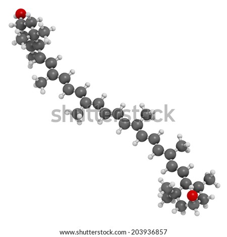 Lutein carotenoid molecule. Nutrient present in green leafy vegetables such as spinach and kale. Atoms are represented as spheres with conventional color coding: hydrogen (white), carbon (grey), etc