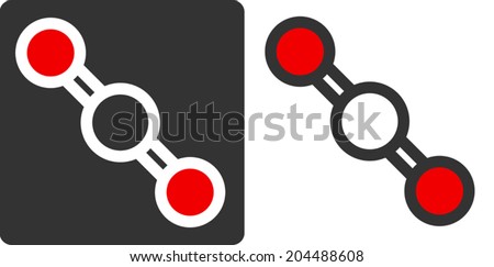 Carbon dioxide (CO2) molecule, flat icon style. Greenhouse gas. Atoms shown as color-coded circles (oxygen - red, carbon - white/grey).