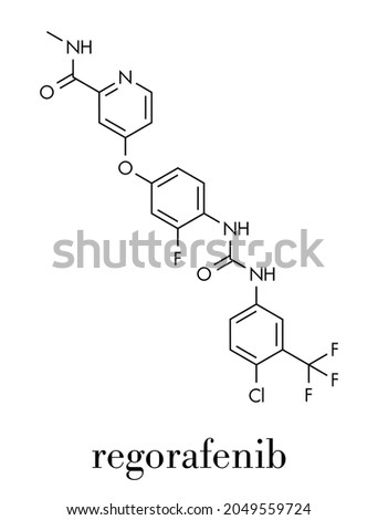 Regorafenib cancer drug molecule. Skeletal formula.