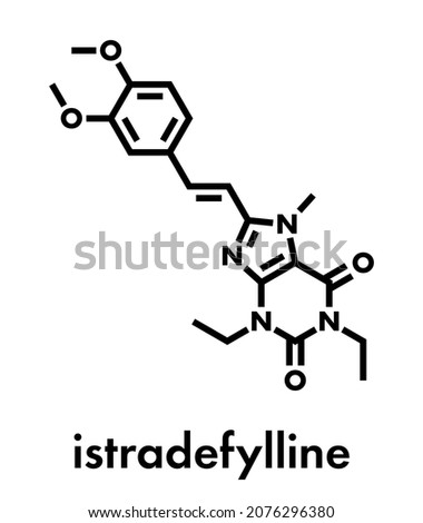 Istradefylline Parkinson's disease drug molecule. Skeletal formula.