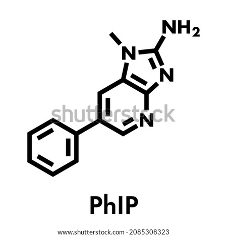 PhIP or 2-Amino-1-methyl-6-phenylimidazo(4,5-b)pyridine molecule. Heterocyclic amine present in cooked meat. Skeletal formula.