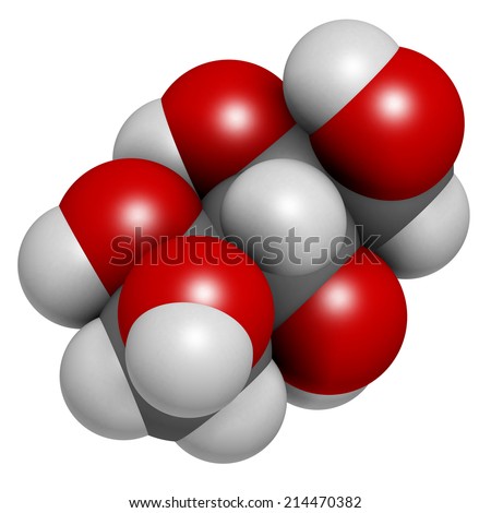 Xylitol artificial sweetener molecule. Used as sugar substitute. Atoms are represented as spheres with conventional color coding: hydrogen (white), carbon (grey), oxygen (red).