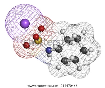Sodium cyclamate artificial sweetener molecule. Atoms are represented as spheres with conventional color coding: hydrogen (white), carbon (grey), nitrogen (blue), oxygen (red), etc