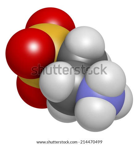Taurine (2-aminoethanesulfonic acid) molecule. Component of human body, essential for skeletal muscle functioning. Atoms are represented as spheres with conventional color coding.