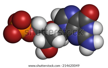 Deoxyguanosine monophosphate (dGMP) nucleotide molecule. DNA building block. Atoms are represented as spheres with conventional color coding: hydrogen (white), carbon (grey), nitrogen (blue), etc