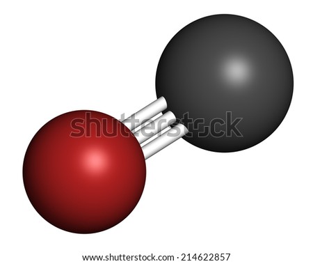 Carbon monoxide (CO) toxic gas molecule. Carbon monoxide poisoning frequently occurs due to malfunctioning fuel-burning home appliances. Atoms are represented as spheres with conventional color coding