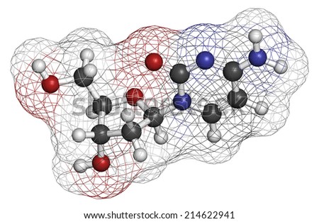 Deoxycytidine (dC) nucleoside molecule. DNA building block. Atoms are represented as spheres with conventional color coding: hydrogen (white), carbon (grey), nitrogen (blue), oxygen (red).