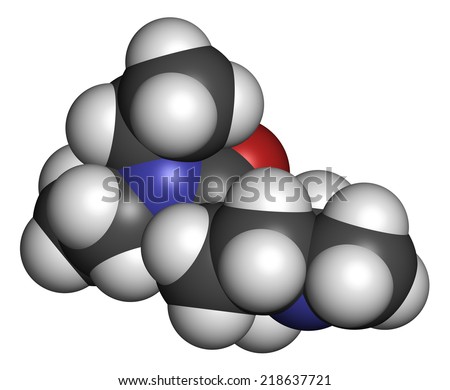 Diethylcarbamazine anthelmintic drug molecule. Atoms are represented as spheres with conventional color coding: hydrogen (white), carbon (grey), oxygen (red), nitrogen (blue).