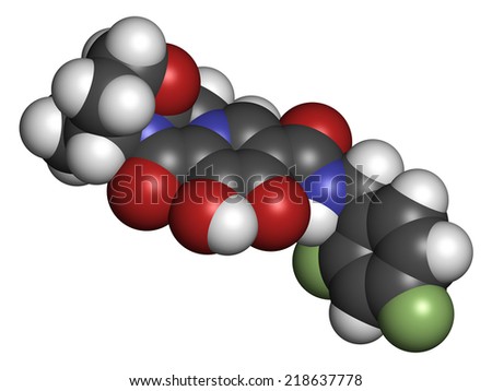 Dolutegravir HIV drug molecule. Integrase inhibitor antiviral class. Atoms are represented as spheres with conventional color coding: hydrogen (white), carbon (grey), oxygen (red), etc