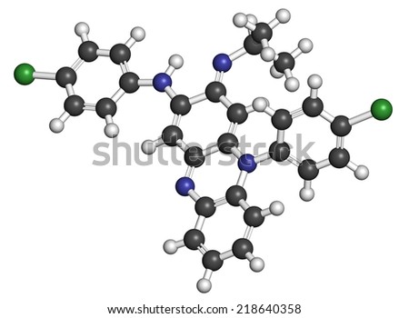 Clofazimine leprosy drug molecule. Atoms are represented as spheres with conventional color coding: hydrogen (white), carbon (grey), nitrogen (blue), chlorine (green).