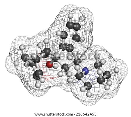 Biperiden Parkinson\'s disease drug molecule. Atoms are represented as spheres with conventional color coding: hydrogen (white), carbon (grey), oxygen (red), nitrogen (blue), chlorine (green).