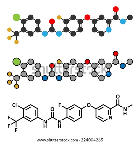 Regorafenib cancer drug molecule. Stylized 2D rendering and conventional skeletal formula.