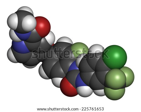 Regorafenib cancer drug molecule. Atoms are represented as spheres with conventional color coding: hydrogen (white), carbon (grey), oxygen (red), nitrogen (blue), chlorine (green), etc
