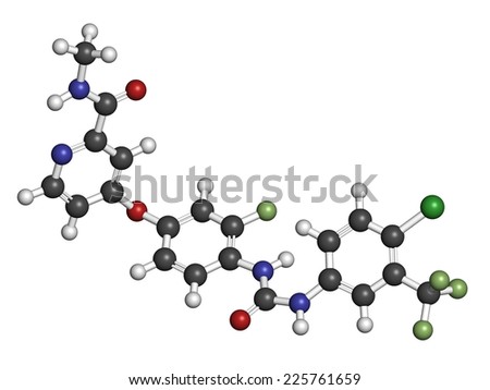 Regorafenib cancer drug molecule. Atoms are represented as spheres with conventional color coding: hydrogen (white), carbon (grey), oxygen (red), nitrogen (blue), chlorine (green), etc