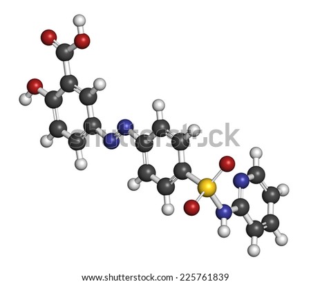 Sulfasalazine drug molecule. Used in treatment of rheumatoid arthritis and inflammatory bowel disease (Crohn\'s disease and ulcerative colitis). Atoms are represented as spheres with conventional color