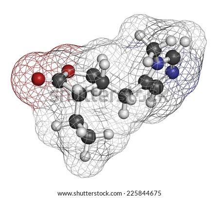 Pilocarpine alkaloid drug molecule. Used in treatment of glaucoma and dry mouth (xerostomia). Atoms are represented as spheres with conventional color coding: hydrogen (white), etec