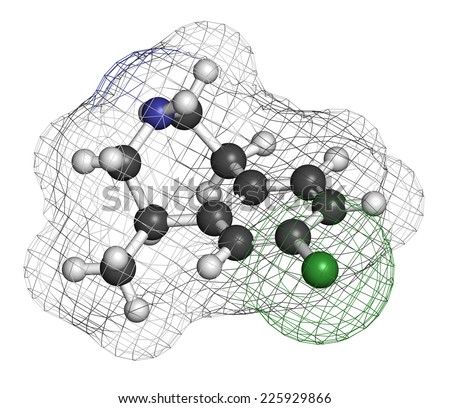 Lorcaserin obesity drug molecule. Atoms are represented as spheres with conventional color coding: hydrogen (white), carbon (grey), nitrogen (blue), chlorine (green).
