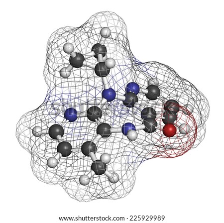 Nevirapine HIV drug molecule. Belongs to NNRTI class. Atoms are represented as spheres with conventional color coding: hydrogen (white), carbon (grey), oxygen (red), nitrogen (blue).