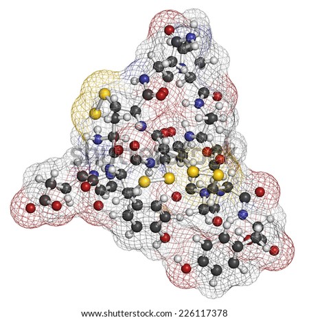 Linaclotide irritable bowel syndrome drug molecule. Atoms are represented as spheres with conventional color coding: hydrogen (white), carbon (grey), oxygen (red), nitrogen (blue), sulfur (yellow).