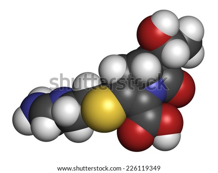 Imipenem antibiotic drug molecule. Belongs to carbapenem class. Atoms are represented as spheres with conventional color coding: hydrogen (white), carbon (grey), oxygen (red), nitrogen (blue), etc