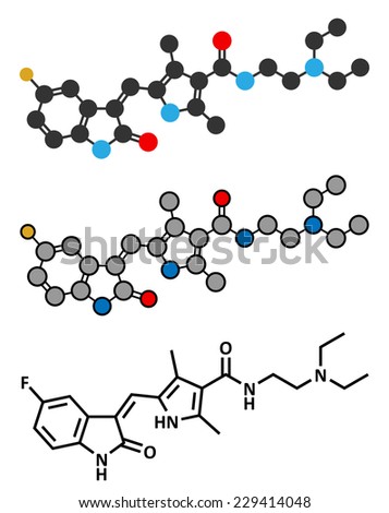 Sunitinib cancer drug molecule. Conventional skeletal formula and stylized representations. 