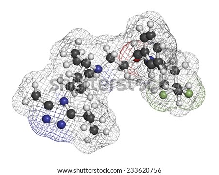 Maraviroc HIV drug molecule (entry inhibitor class). Atoms are represented as spheres with conventional color coding: hydrogen (white), carbon (grey), oxygen (red), nitrogen (blue), etc