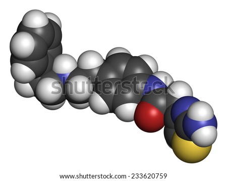 Mirabegron overactive bladder treatment drug molecule. Atoms are represented as spheres with conventional color coding: hydrogen (white), carbon (grey), oxygen (red), nitrogen (blue), sulfur (yellow).
