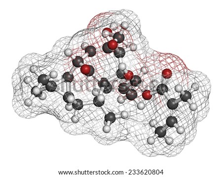 Ingenol mebutate (ingenol-3-angelate) actinic keratosis treatment drug molecule. Atoms are represented as spheres with conventional color coding: hydrogen (white), carbon (grey), oxygen (red).